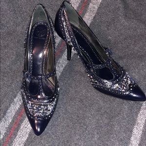Gorgeous navy patent and tweed Tory Burch heels 10